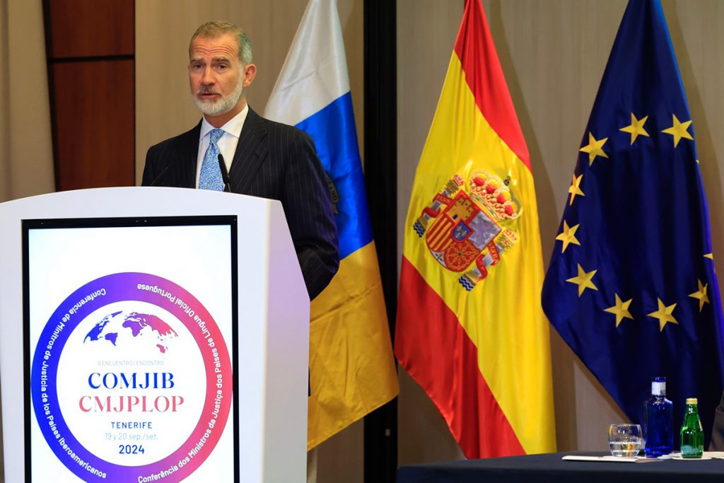 Discurso do Rei da Espanha no II Encontro da Conferência dos Ministros da Justiça dos Países Ibero-Americanos e de Língua Portuguesa. © Casa de S. M. o Rei